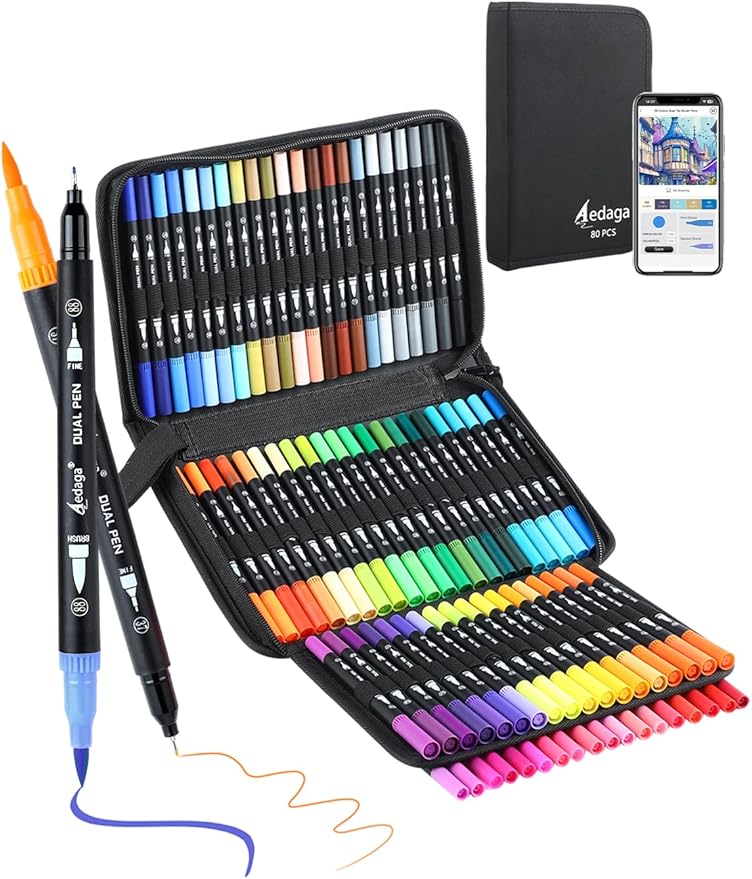 AEDAGA 80 Colors Numbered Dual Tip Brush Pens with Free App, Fine and Brush Tips Pens for Adults, Coloring Markers for Coloring Book Bullet Journaling Note Taking Planner Hand Lettering
