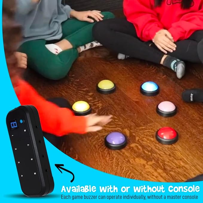 Teacher's Choice Light Up Game Buzzer System, Displays The Winning Player Loud, Unique Sounds for Each Buzzer, Great for Trivia Games, Family Feud, Jeopardy (8 Pack)