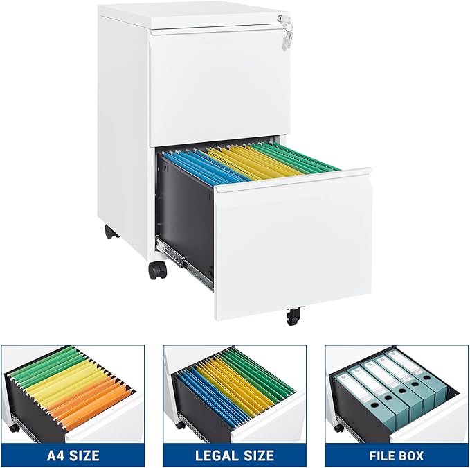 Fesbos 2 Drawer Vertical File Cabinet - Mobile Filling Cabinet with Lock for Legal/Letter Files - Office Storage File Cabinet with Wheels Under Desk - Assembly Required