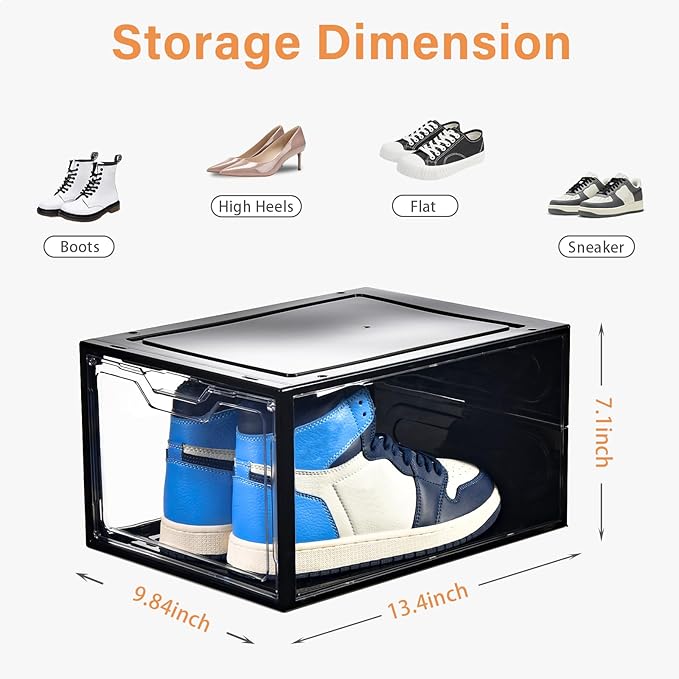 Stebopum 12 Pack Stackable Shoe Storage Organizer with Magnetic Door, Shoe Boxes Clear Black Plastic for Closet, Shoe Rack for Sneaker Boot Container, Shoe Cabinet Fit up to US Size 12