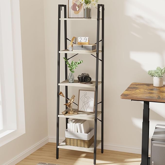 Hzuaneri Ladder Shelf, Bookshelf Bookcase, Freestanding Corner Storage Shelve with 2 Hooks for Home Office, Living Room, Kitchen, Bedroom, Industrial, 11.8" D x 17.3" W x 63" H, Greige BC19205B