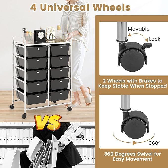 HAPPYGRILL 10-Drawer Rolling Storage Cart, Storage Organizer Cart with Lockable Wheels, Beauty Salon Movable Utility Cart for School, Office, Home, (Black)