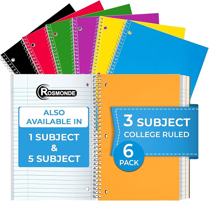Rosmonde 3 Subject Notebook College Ruled, 6 Pack, 150 Sheets(300 Pages), No-Bleed Paper, 3 Hole Punched, 8x10-1/2, 3 Subject Spiral Notebook for School, Home & Office, Assorted Colors