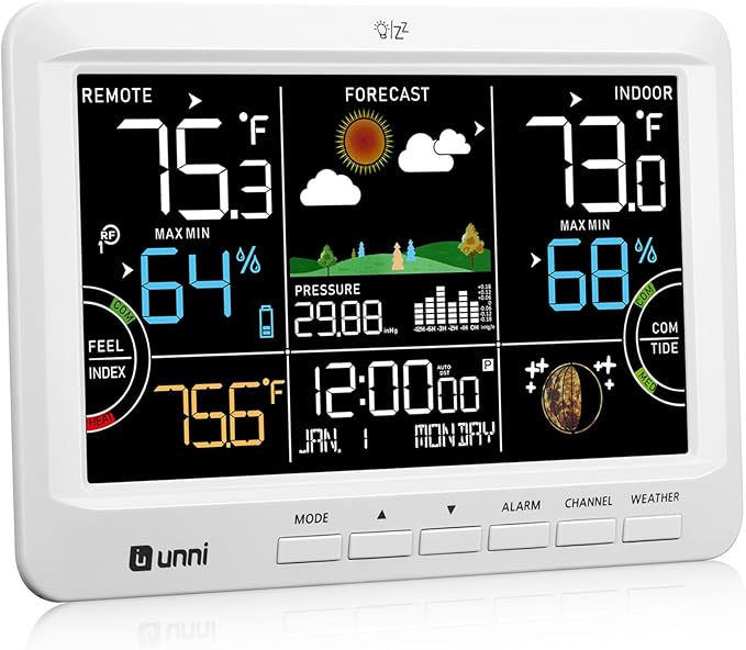 Weather Station Indoor Outdoor Thermometer Wireless, Home Atomic Clock with Large Constant Display, Inside Outside Temperature Humidity Monitor, Dew Heat Point, Barometer White
