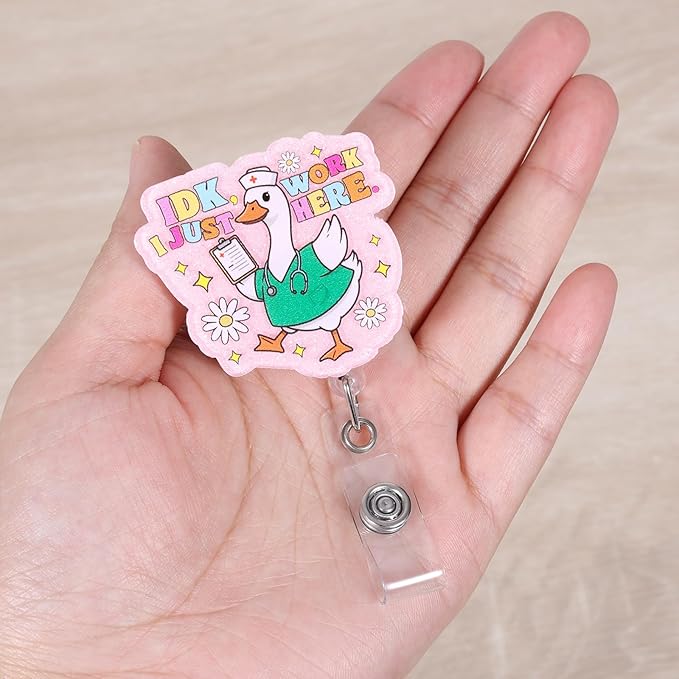 IDK I Just Work Here Funny Silly Goose Nurse Badge Reel, Pink Cute Retractable ID Medical Badge Holder, Name Tag Badge Buddy for RN CNA LPN MA Night Shift Nurse Nursing Student Doctor Social Workers