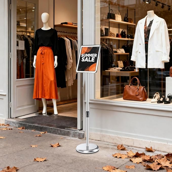 RedChili Sign Holder Stand 8.5x11 Inch, Floor Standing Sign Holder With Rotated Snap-Open Aluminum Frame, Angle Height Adjustable Signage Stand with Round Base for Advertising Poster (Silver, Round Corner)