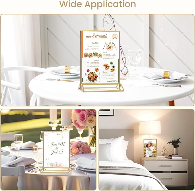 Smarpau 8 Pack Acrylic Sign Holder 8.5x11 Gold Acrylic Frame Clear Table Number Holders Picture Frames Double Sided Gold Frame for Wedding Party Decoration Restaurant Menu Home Display Stand