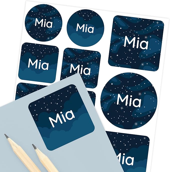Large Name Labels for Kids (33) - Custom Stickers for Daycare and School Supplies - Durable, Waterproof Stickers for Water Bottles, Lunch Boxes, and More with Unique Designs - Galaxy