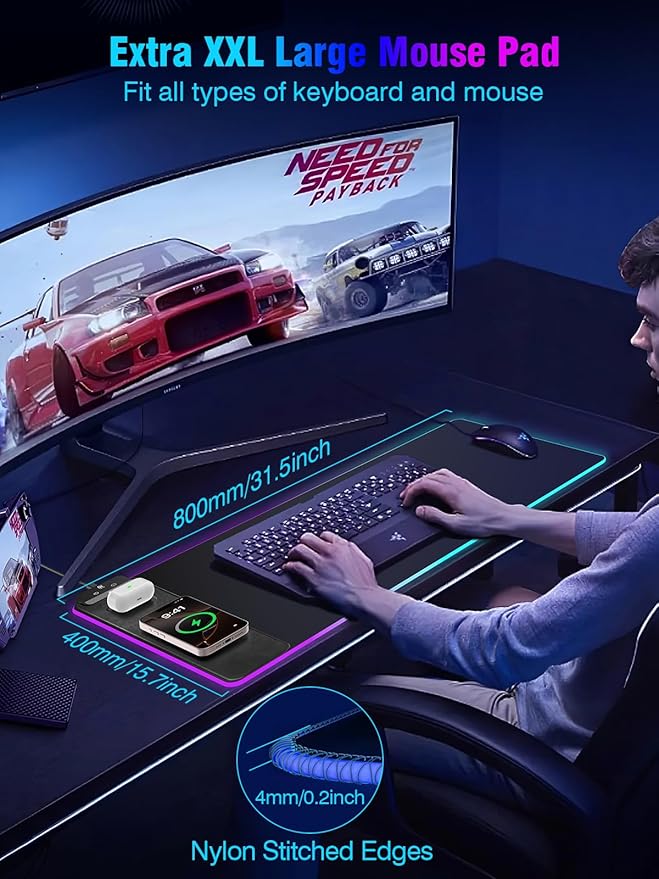 Miroddi RGB Mouse Pad with Wireless Charging Gaming Mousepad, 31.5"x15.75" Extra Large Desk Mat, 13 Light Modes, Non-Slip Rubber Base Ultra-Smooth Surface Keyboard Mat for PC, MacBook, Laptop