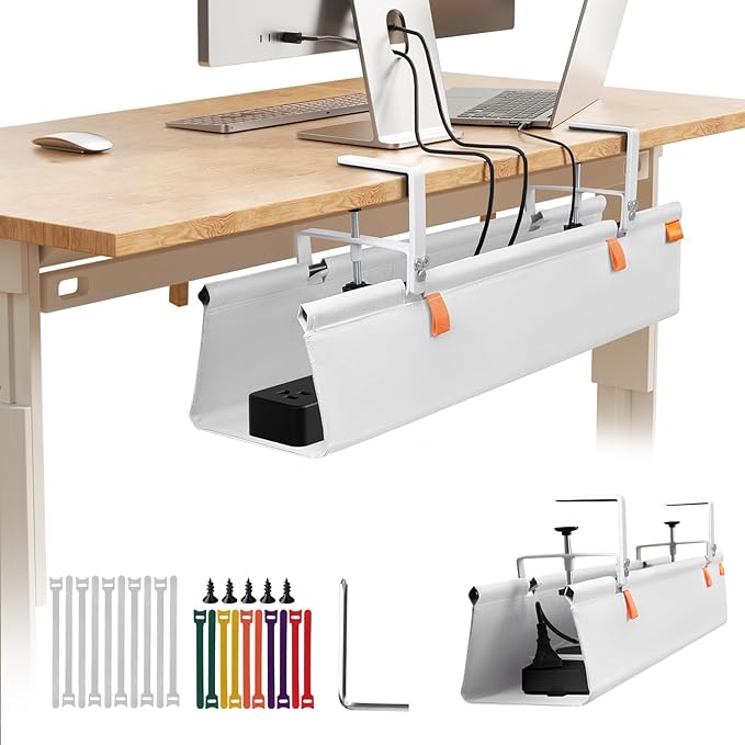SUREUP9 No Drill Under Desk Cable Management Tray, 28" Cord Organizer with Clamp, Fabric Cable Management for Standing Desks, Ideal for Home & Office - White
