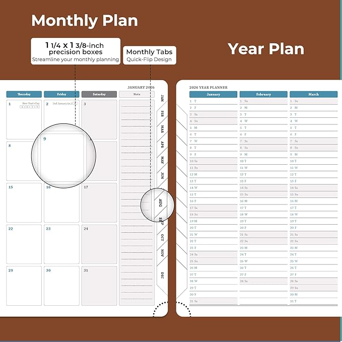 IN-LUXPRO Planner 2026 Daily Weekly and Monthly,11.5"x8.5",12 Months Spiral Bound Calendar Agenda with Self-adhesive Pen Holder,2026 Appointment Book with Vegan Leather Soft Cover,Brown