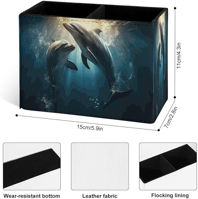 Famame Couple Dolphins Underwater Pencil Holder for Desk, Leather Desktop Container Pen Cup Storage Study Table Pen Organizer Makeup Brush Holder for Classroom Office Home