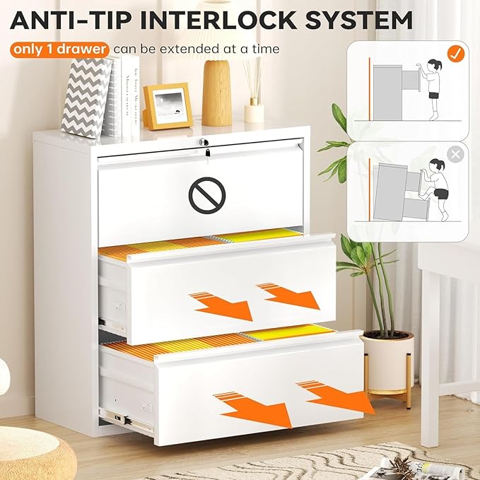 INTERGREAT 3-Drawer White Lateral File Cabinet, Locking Metal Lateral Filing Cabinets with Lock, 28" W Horizontal Storage Cabinet with Adjustable Shelves for Home & Office
