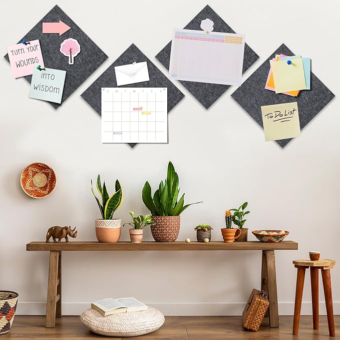 Bouiexye Felt Cork Board Tiles 6 Pack Grey Bulletin Boards 12"x12" - 1/2" Thick Corkboards for Wall Bulletin Board Self Adhesive with 100 Push Pins for Wall School Home Office