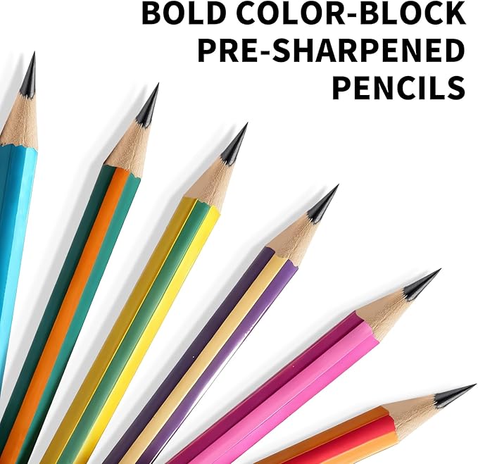 M&G Aurora Series 24 Pack 2B Triangular Wood-Cased Pencils, Pre-Sharpened with Erasers, Smooth Writing Break-Resistant Core, 6 Two-Tone Striped Colors for School Office Drawing Classroom Supplies