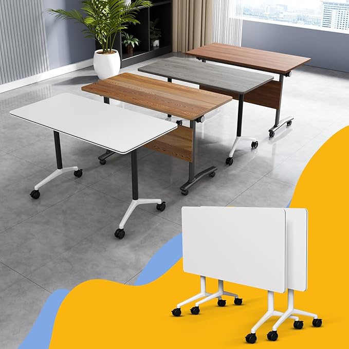 Conference Table Flip Top Mobile Conference Room Tables,Folding Conference Table with Wheels,Large Meeting Training Seminar Table Saving Space for Office Classroom (2, White, 47.2'')