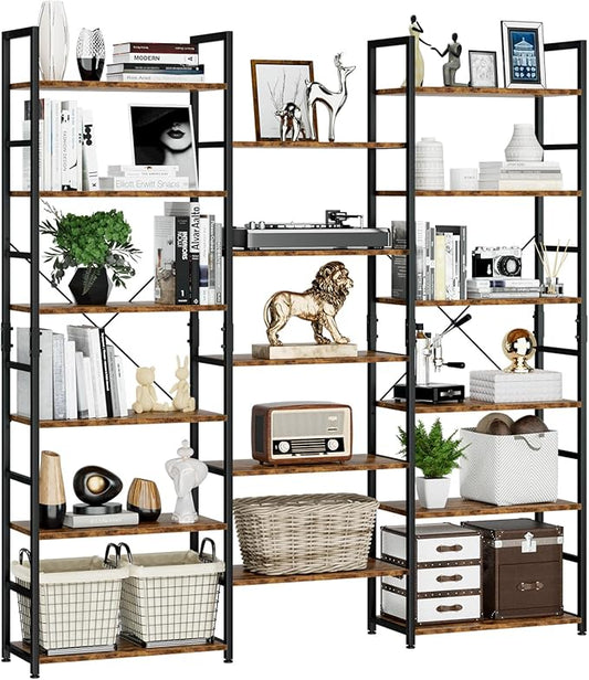 NUMENN Triple Wide 6 Tier Bookshelf, Rustic Industrial Style Bookcases and Bookshelves with 17 Open Display Shelves, Modern Tall Bookcase Furniture for Bedroom, Living Room and Home Office, Vintage