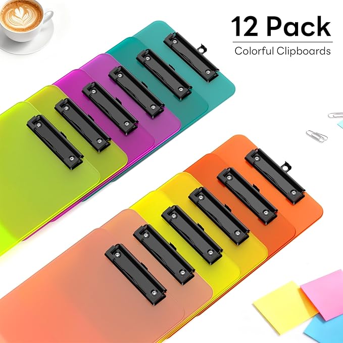 Zoenley A4 Plastic Clipboard Set of 12, Dark Colorful12.5 x 9" Letter Size for Classroom, Students, Teacher, Nurse, A4 Clear 8.5 x 11 Clip Board with Low Profile Black Clip, Office & School Supplies
