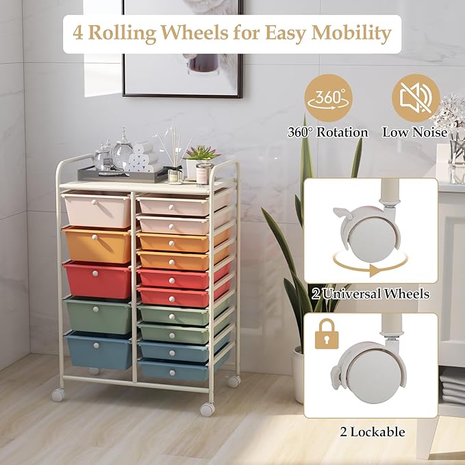GLACER 15 Drawers Rolling Cart, Storage Cart with w/Removable Drawers & Steel Frame, Multipurpose Organizer Cart w/Sleek Handle, Utility Cart on Lockable Wheels for Home, School, Office (Colorful)