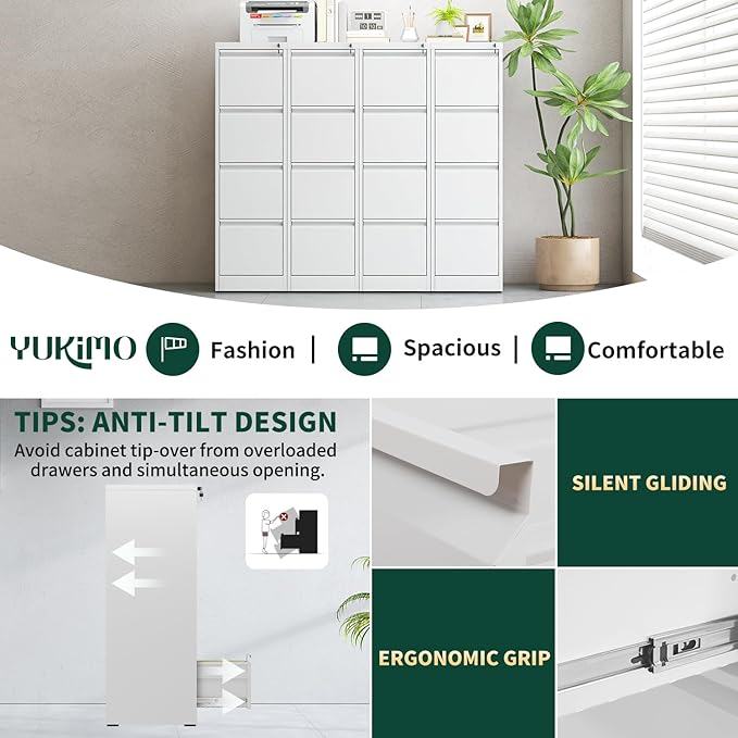 Yukimo 4 Drawer File Cabinet with Lock, Vertical File Cabinet with Lock, Locking File Cabinet Hanging Files for A4/ Legal/Letter, Require Assembly, White