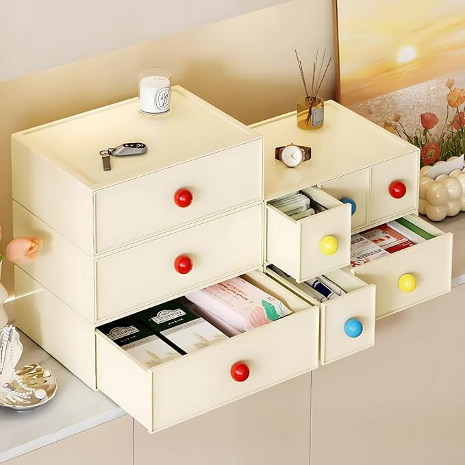 OSteed Desktop Drawers, Desk Organizer with 6 Drawers & Dopamine Handles, Stackable Craft Storage Box for Home Collection, Cosmetics, Office Supplies (3 Tiers, Cream)