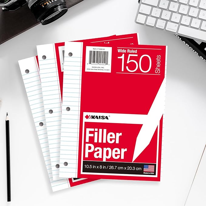 KAISA Filler Paper Loose Leaf Paper, Wide Ruled Paper, 8"x10-1/2", 3-Hole Punched Binder Paper For 3-Ring Binders,150 Sheets/pack 3Pack, F15001W