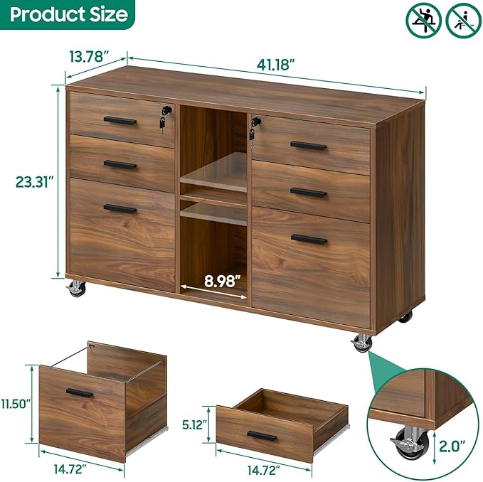 Lateral File Cabinet with Lock, Large Mobile Storage Filing Cabinet with 6 Drawers Fits Files Letter/A4 Size, Rolling Printer Stand with Open Storage Adjustable Shelf for Home Office, Brown