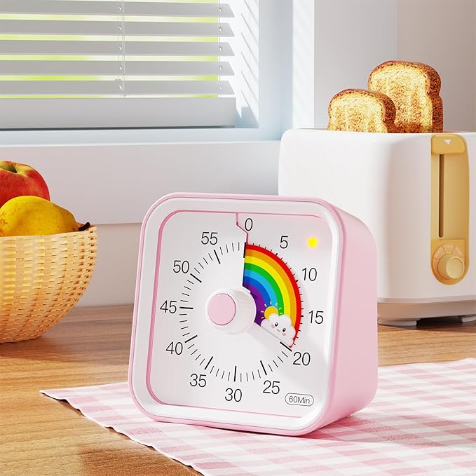 Visual Timer for Kids with Pause Function, Cute Silent Timer with Rainbow for Classroom, Teaching, Task, Kitchen, 60 Minute Countdown Time Management for ADHD (Rainbow Pink)