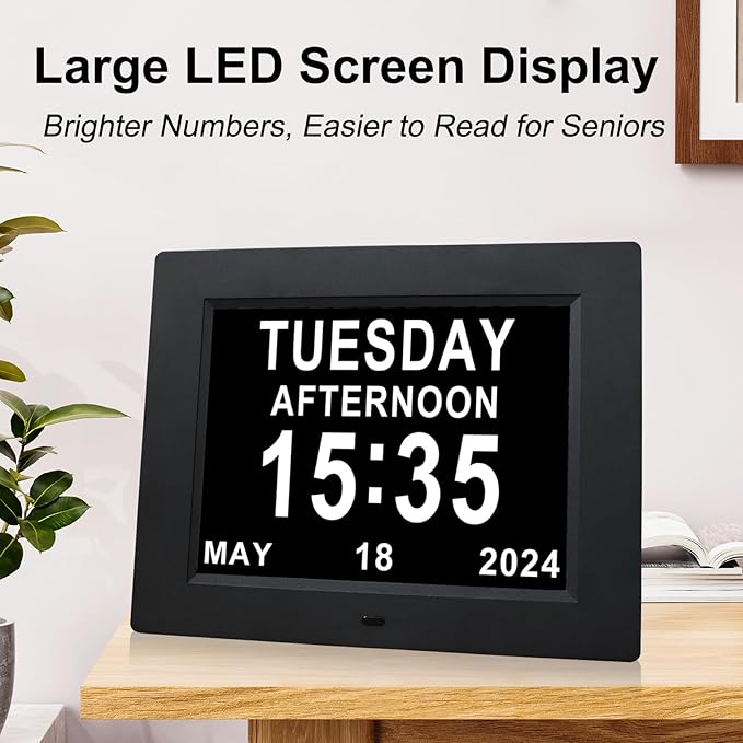 TMC 【New 2026】 Dementia Clock Large Digital Clock for Seniors, Large Display with Custom Alarms, Digital Calendar Alarm Day Clock with Day & Date for Elderly, Clear Numbers Alzheimer (Black, SD)
