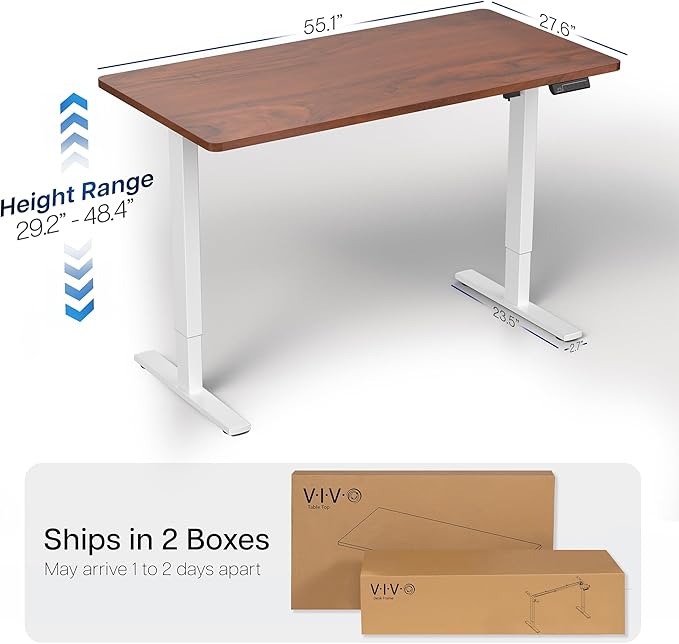 VIVO Electric 55 x 28 in Standing Desk, Memory Height Adjustment, 1B Series, Holds 220 lbs, One-Piece Dark Walnut Top, White Frame, DESK-KIT-1W55D