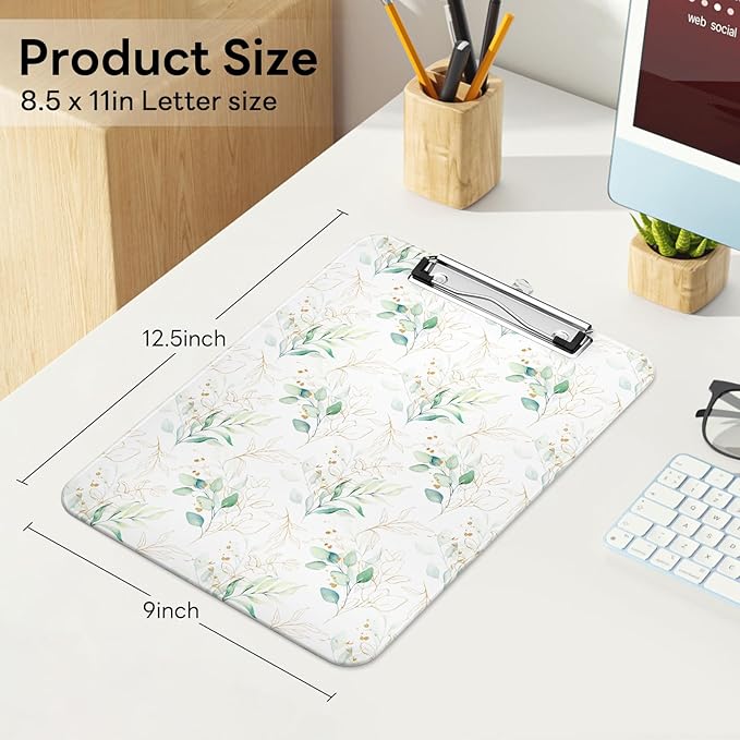 Luminzo Plastic Cute Clipboard Low-Profile Metal Clip, A4 Letter Size 9 x 12.5 in, 8.5 x 11 Paper Clip Board for Teachers, Nurses, Classroom,Green Leaf