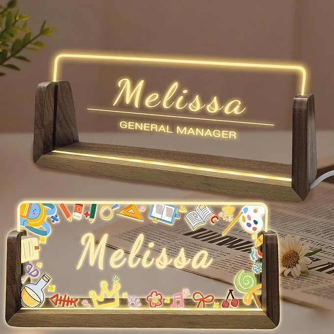 Personalized Acrylic Light Up Name Plate for Desk Custom Desk Name Plate Sign with Warm LED Light & Wooden Base Customized Office Accessories for Boss Teacher Employee