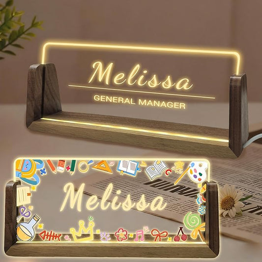 Personalized Acrylic Light Up Name Plate for Desk Custom Desk Name Plate Sign with Warm LED Light & Wooden Base Customized Office Accessories for Boss Teacher Employee