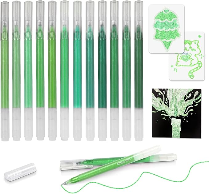 CAISEXILE 12 Green Glitter Gel Pens Set, 1.0 mm Fine Point for Black Paper & White Paper, Large Capacity Pens for Journaling, Adult Coloring Books, Drawing, Note Taking, Highlighting