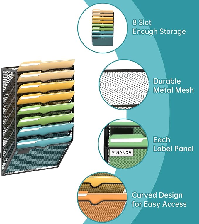 SUPEASY Wall File Organizer Mesh Office Mail Holder, Hanging Wall Organizer Magazine Rack for Office Black, 8 Tier