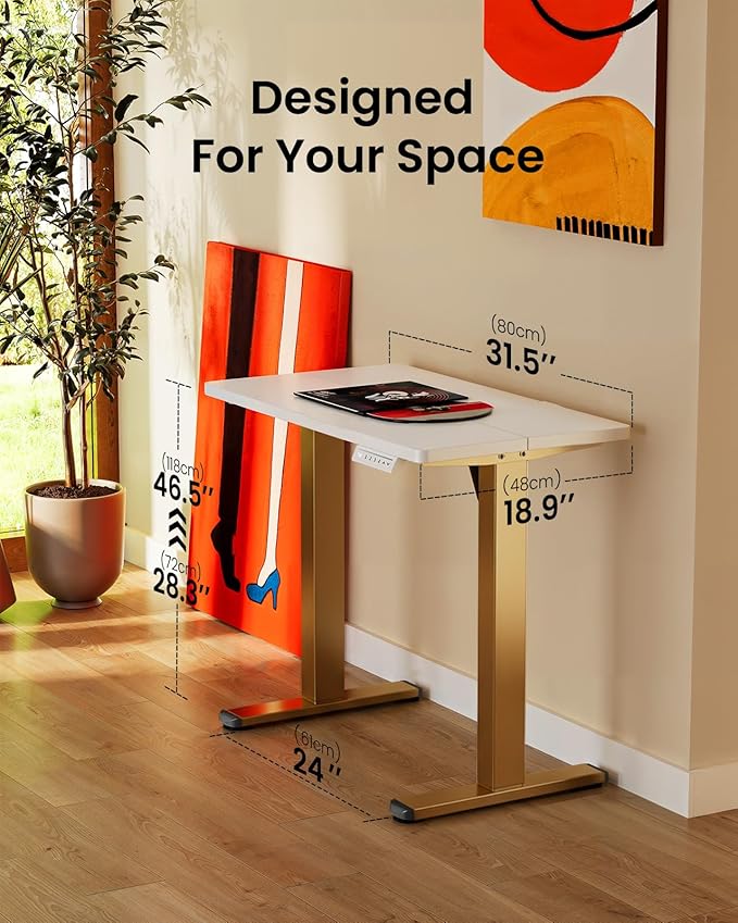 ErGear Height Adjustable Electric Standing Desk, 31.5 x 18.9 Inches Sit Stand up Desk, Memory Computer Home Office Desk with Two-Piece Desktop (White & Gold Frame)