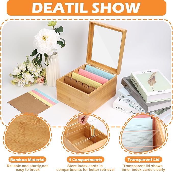 5x8 Index Card Holder with Dividers Bamboo Index Card Storage Box 4 Compartments Recipe Card Box with Lid 150 Index Flash Cards 25 Index Card Dividers 2 Letter Smile Stickers for Office Business Home
