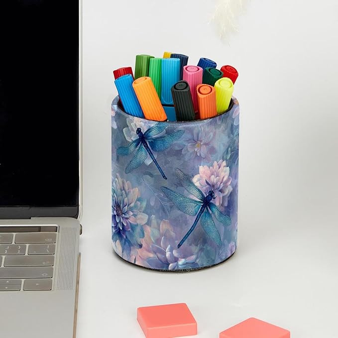 Leather Pen Holder for Desk Dragonfly Beautiful Pencil Cup Desktop Organizer Makeup Brush Holders Office Supplies for Home, Kids & School