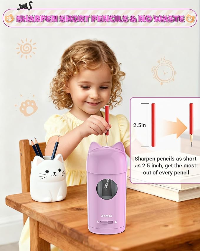 AFMAT Electric Pencil Sharpener, Automatic Pencil Sharpener, Auto in & Out, Colored Pencil Sharpeners for φ7-8mm Pencils, Rechargeable & Cordless, Battery Powered for Classroom Home School PSX9