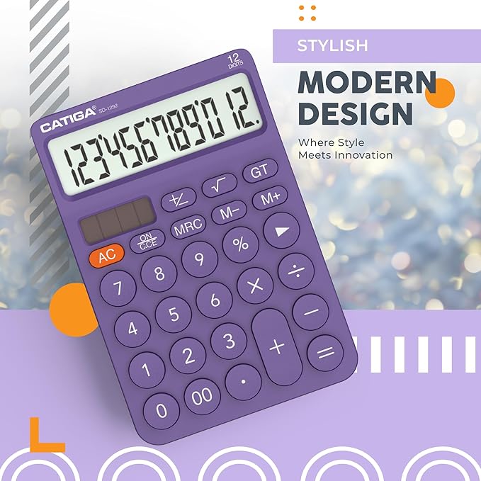 CATIGA 12 Digit Desktop Calculator Basic Desk Calculator with Large LCD Display, Big Buttons, 4 Function, Solar and Battery Dual Power, for Office, School, Home, SD-1292 Purple