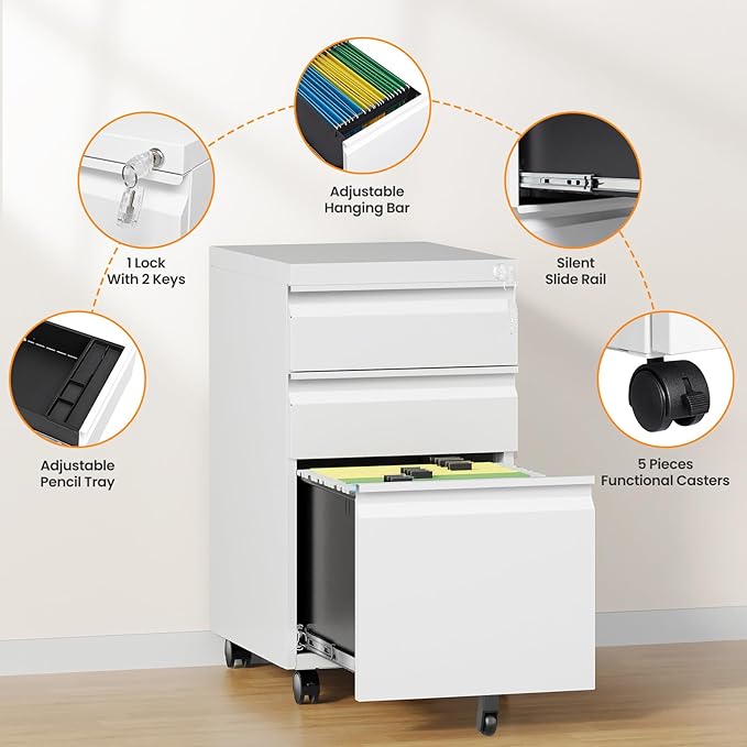 AFAIF 3 Drawer Mobile File Cabinet with Lock, Rolling File Cabinets for Home Office, Under Desk Small File Caninet on wheels, Metal Vertical White Filing Cabnet for Legal/Letter/A4 - Assembly Required