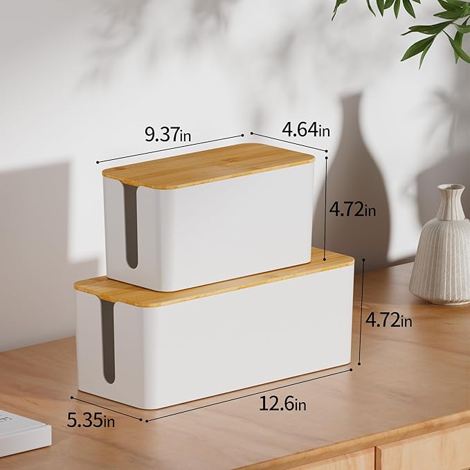 YECAYE 2 Pack Cable Management Box, Wooden Lid & Plastic Body, Medium and Small Cord Organizer Box – Power Strip Cord Organizer, Cable Hider for Home & Office– Baby Proofing