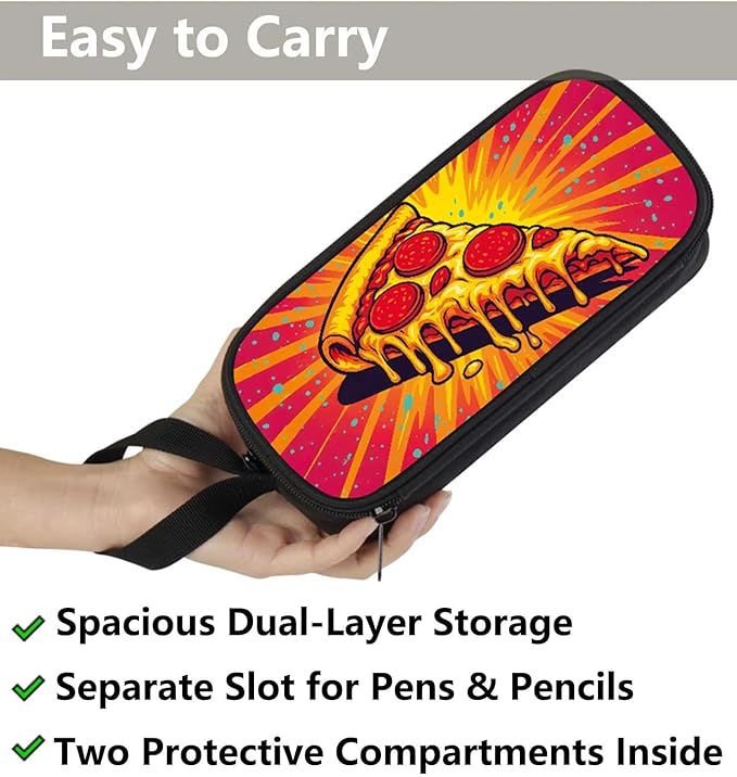AnySmic Pizza Pencil Case for Boys Girls, Large Durable Pencil Pouch for Kids, Polyester Big Capacity Pen Case Gifts, Double Zipper, Food Single-sided Printed Bag Organizer