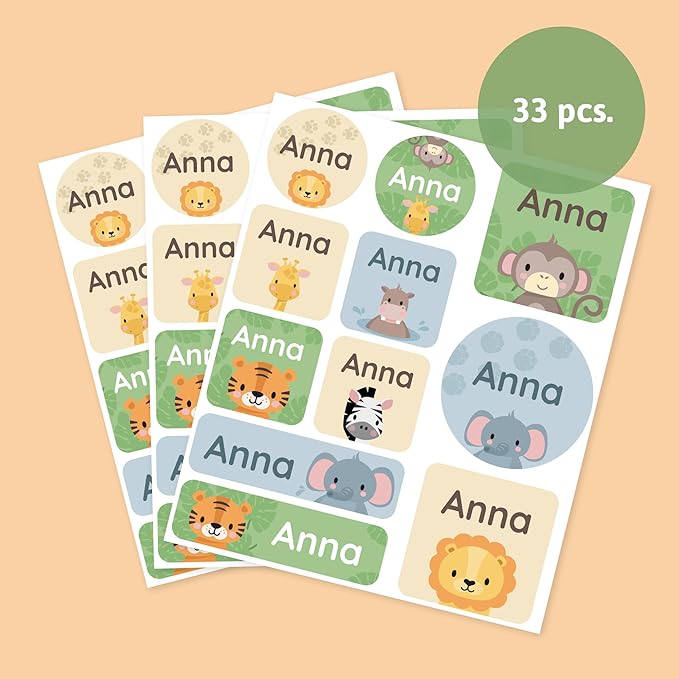 Large Name Labels for Kids (33) - Custom Stickers for Daycare and School Supplies - Durable, Waterproof Stickers for Water Bottles, Lunch Boxes, and More with Unique Designs - Exotic Animals