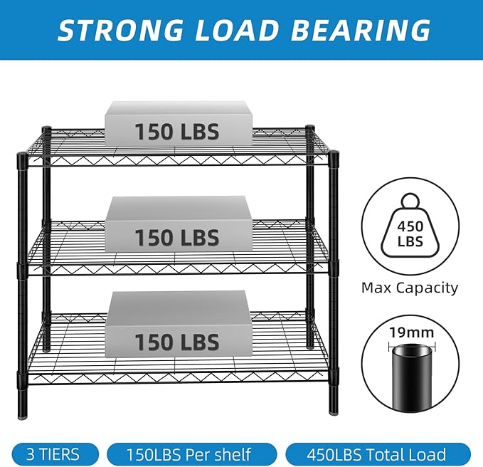 Guan River 3-Shelf Adjustable Metal Shelf Wire Shelving Unit Storage Rack Display Shelf for Office,Kitchen,Bedroom,Bathroom,Laundry,Pantry Basement,Garage(Black,36" L x 14" W x 30" H)