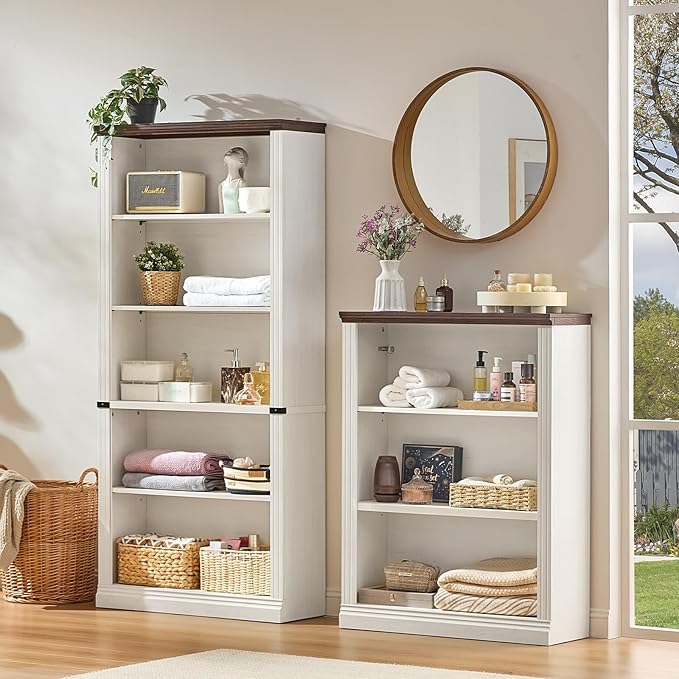 RWYHG 70" White Tall Bookshelf,5-Tier Thick Wooden Book Shelf with Adjustable Shelves,Free Standing Farmhouse Bookcase with Open Display Storage,Floor Vintage Bookshelves for Living Room,Office