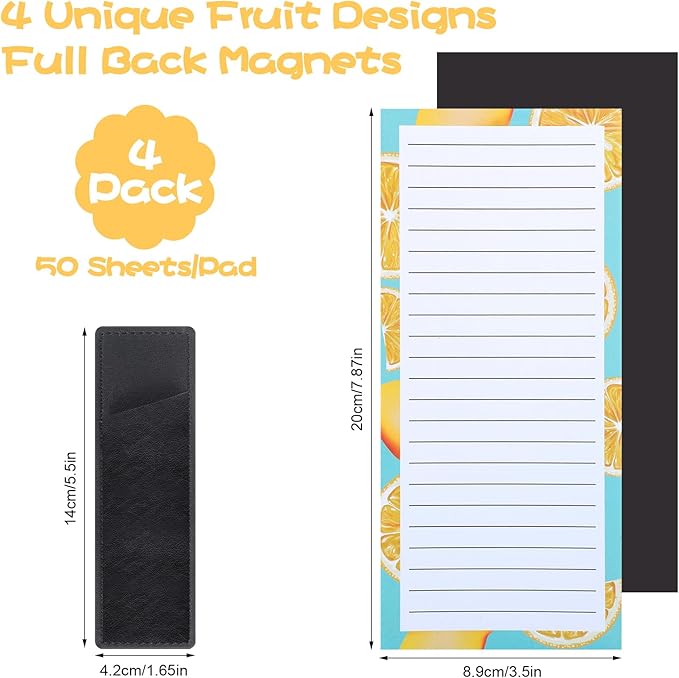 Thboxes 4 Pack Magnetic Note Pad for Fridge with Pen Holder, Totally 200 Sheets Grocery List Magnet Pad for Refrigerator Magnetic Shopping List Pad（Fruit Design）