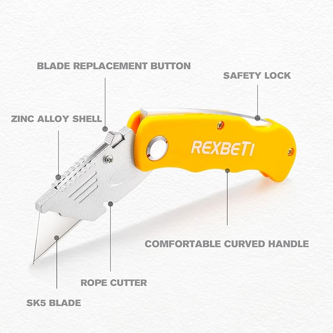REXBETI 4-Pack Folding Pocket Utility Knife Quick-change SK5 Box Cutter for Cartons, Cardboard and Boxes, Back-lock Mechanism with 10 Extra Blades