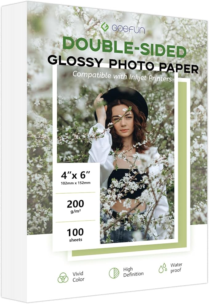 4x6 Photo Paper Double Sided Glossy, Goefun 200 GSM/54 LB Postcard Paper for Inkjet Printer and Dye Ink, 100 Sheets