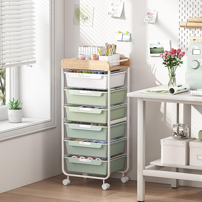 Rolling Storage Utility Cart With 6 Drawers,Art Supply Craft Organizer,Sewing Makeup Organizer And Storage,Office Organization Wooden Tabletop,Green